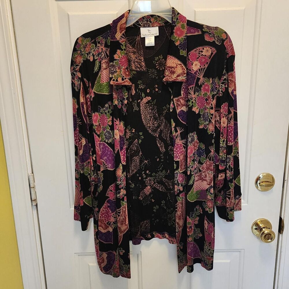 Travel collection 2x floral fan print multicolor open front jacket 3/4 sleeves